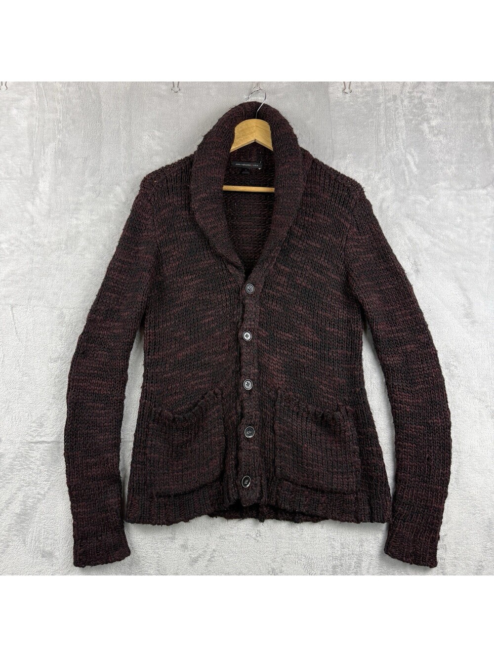 John Varvatos USA Men’s S Shawl Collar Chunky Knit Cardigan Burgundy Black Wool